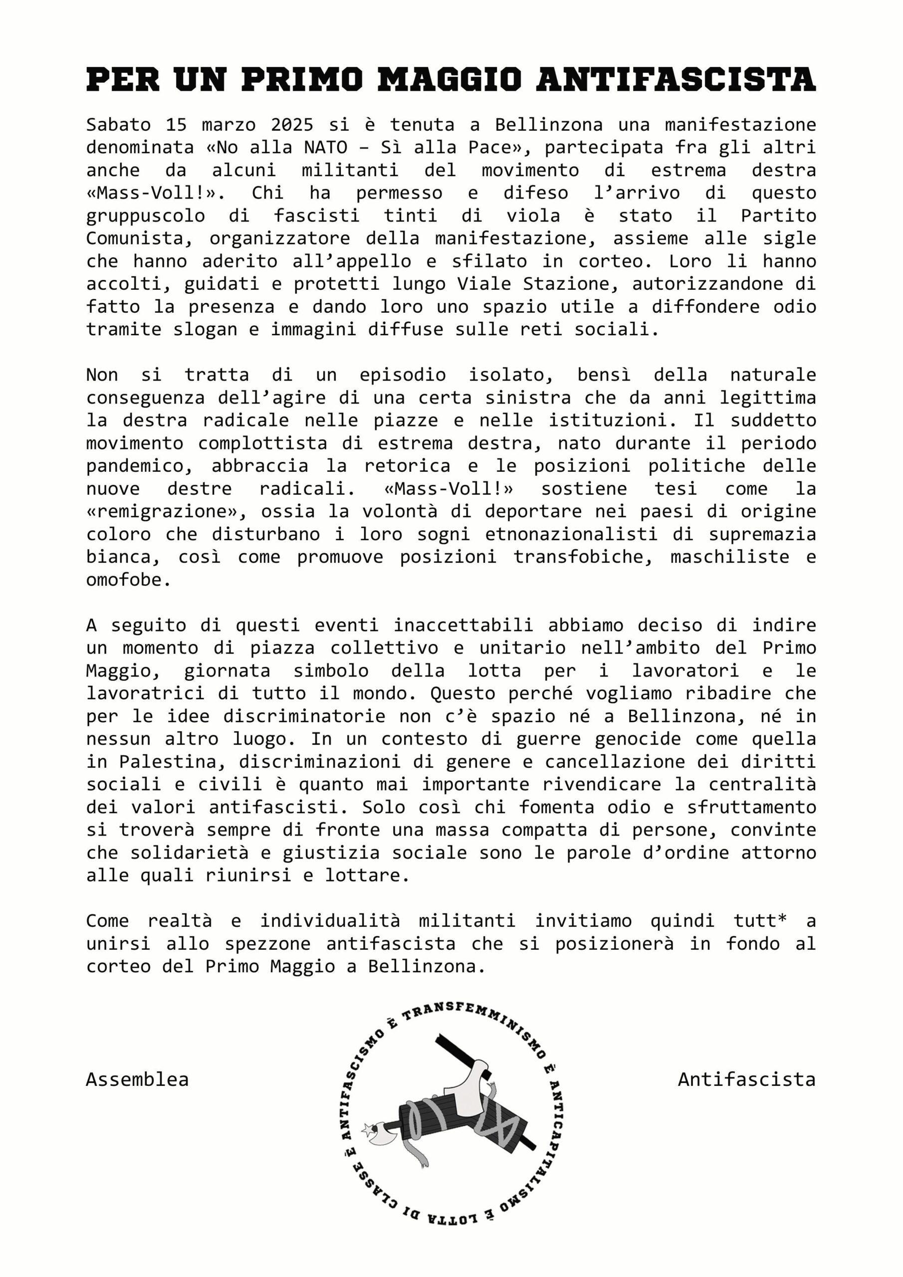 TICINO – PER UN PRIMO MAGGIO ANTIFASCISTA
